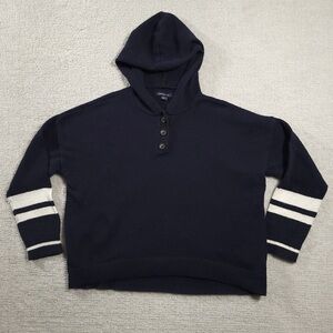 Navy Blue Hooded Sweater with Striped Sleeves
